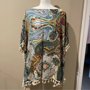 Green and Blue Swirling Accent Poncho with Fringe